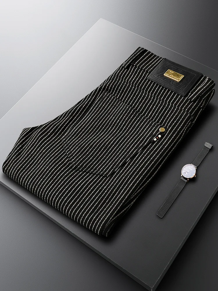 

Ele Bla Vertical Striped Men's Slim Fit Casual Pants Autumn Winter Brued Simple Busin Long Trousers Straight Leg