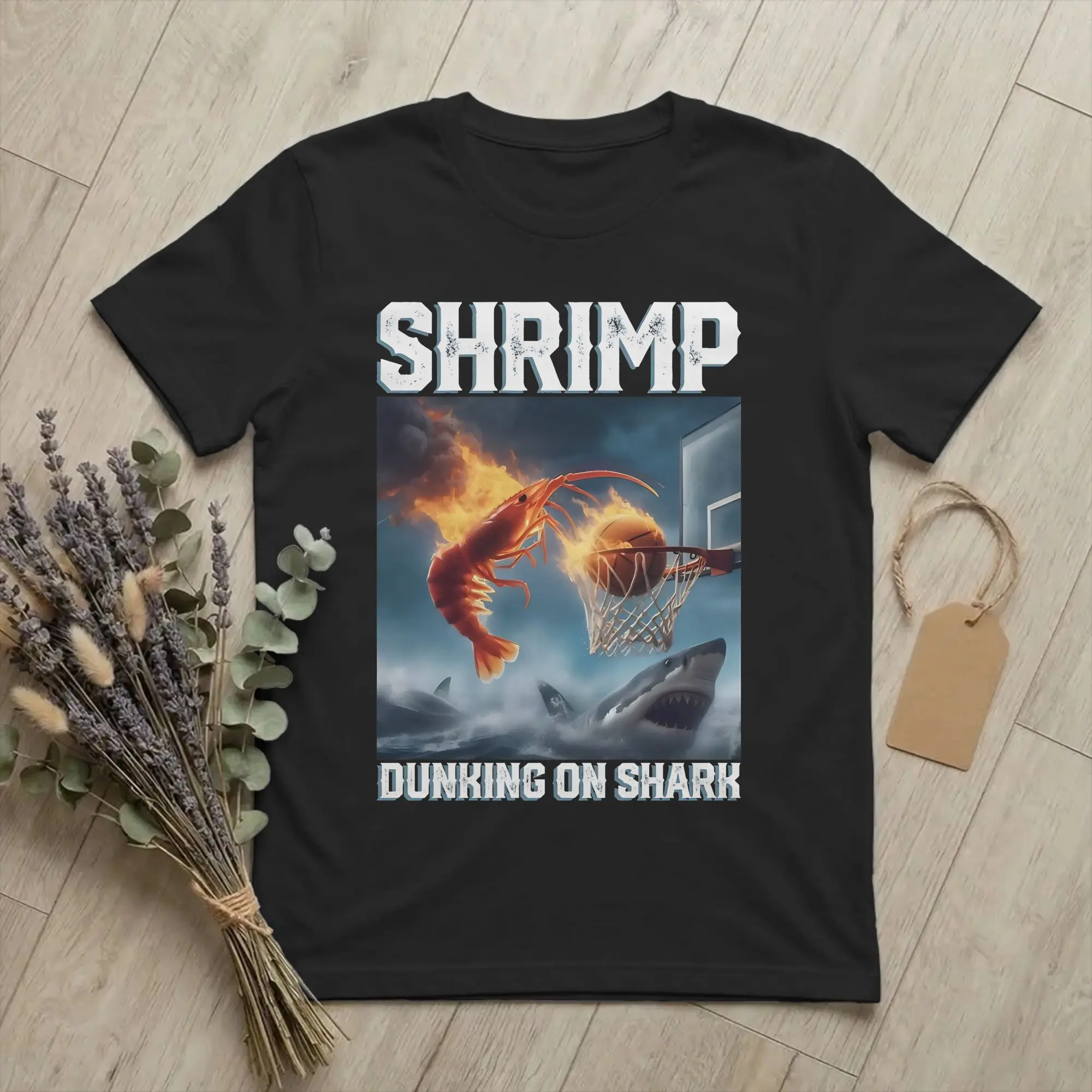 Streetwear Flaming Shrimp Slam Dunk Shark  T-Shirt Round Neck Short Sleeve Top Tee Shrimp Meme 100%Cotton Summer Tops Shirts