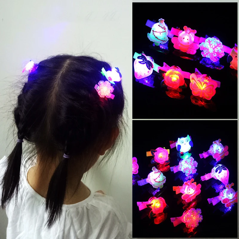 12Pcs/bag Cartoon Cute Soft Rubber Glowing Hair Clips Girl Glitter Headdress Children's Holiday Party Light-up Toy Birthday Gift