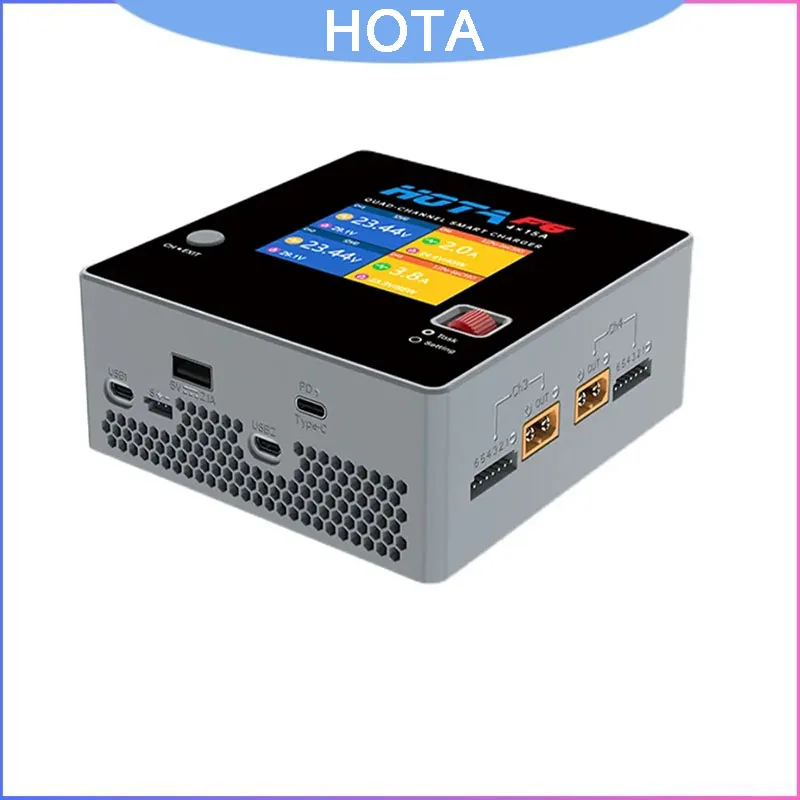 

HOTA F6 4-Port Smart Balance Charger DC1000W 15A per Channel, 2.8" IPS Display USB-C 45W for FPV Racing Drone Battery
