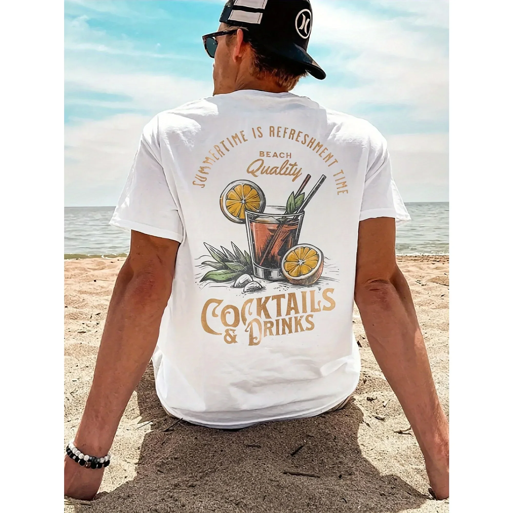 Men Women T-Shirt Summertime Cocktails & Drinks Beach Graphic Tee Retro Summer Vacation Casual Cotton Short Sleeve Tops