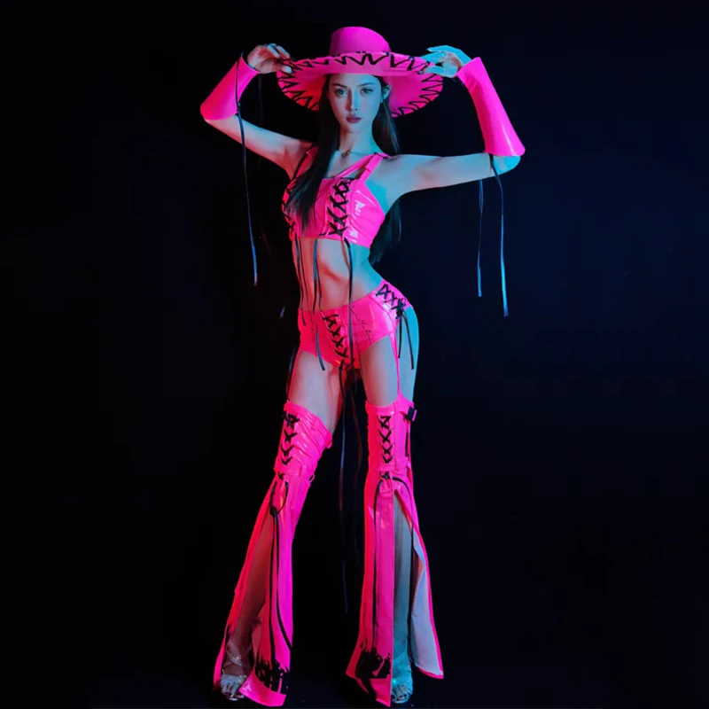الفلورسنت الوردي الجلود الهذيان الزي مثير القطب ملابس الرقص النساء جوجو راقصة زي عرض مسرحي الهذيان الملابس كلوبوير XS7494