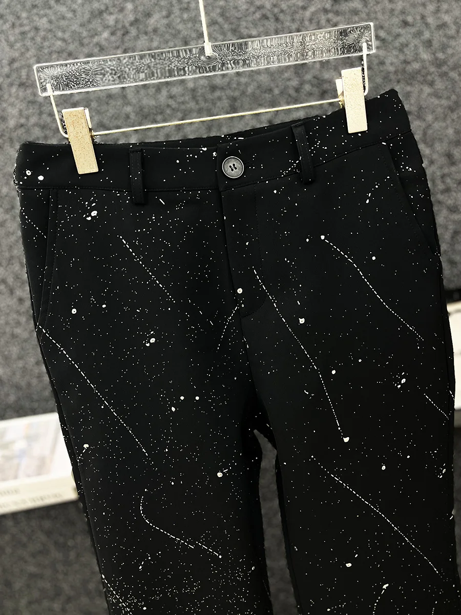 Korean Version Design Heavy Industry Hot Diamond Black Casual Pants Men's High-end Fashion Trend Loose Micro-flared Pants