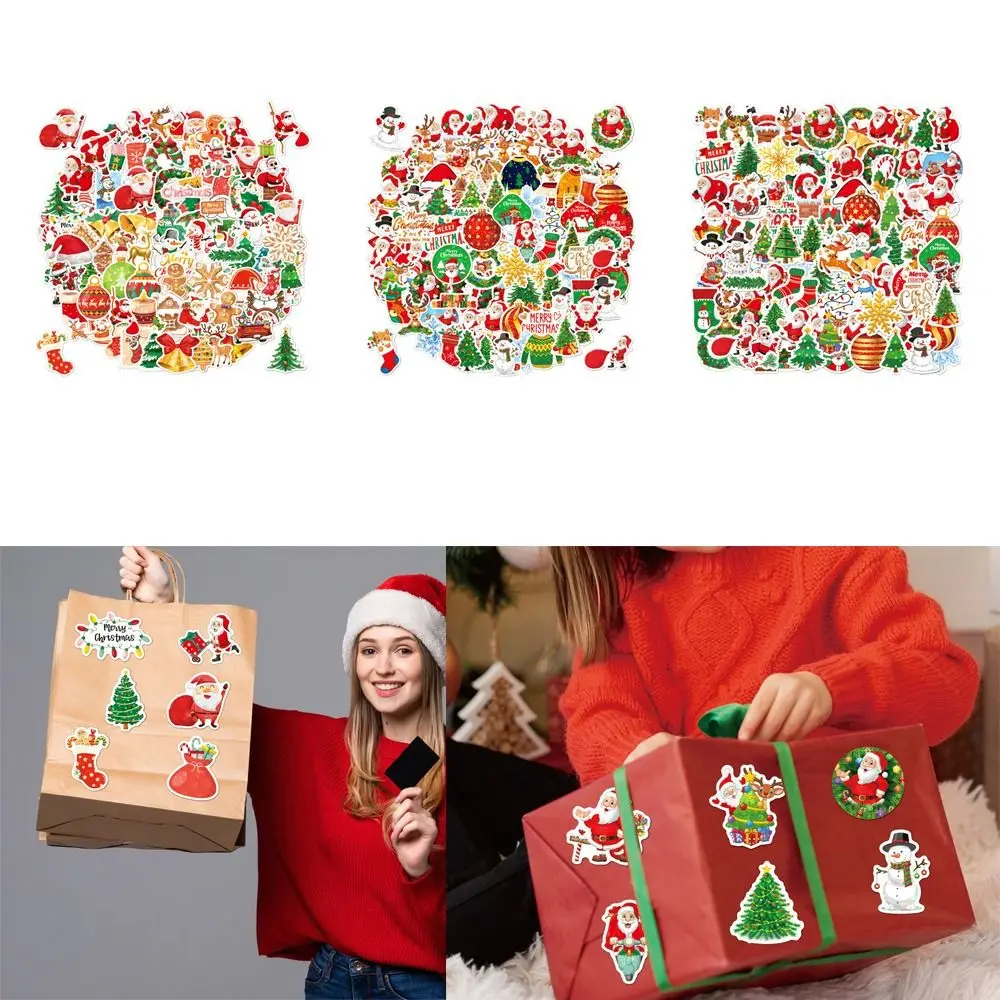 100pcs/set Cute Merry Christmas Stickers DIY Graffiti Santa Claus Snowman Pattern Decorative Decals Handmade Desktop Wall Decor