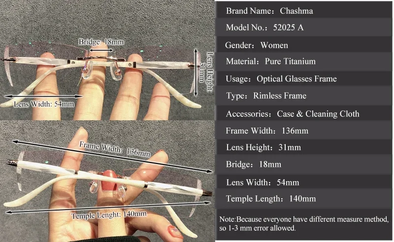 Kobiety okulary Glitter soczewki czysty tytan kolorowe okulary korekcyjne szklana rama Rimless optyczne lekkie okulary