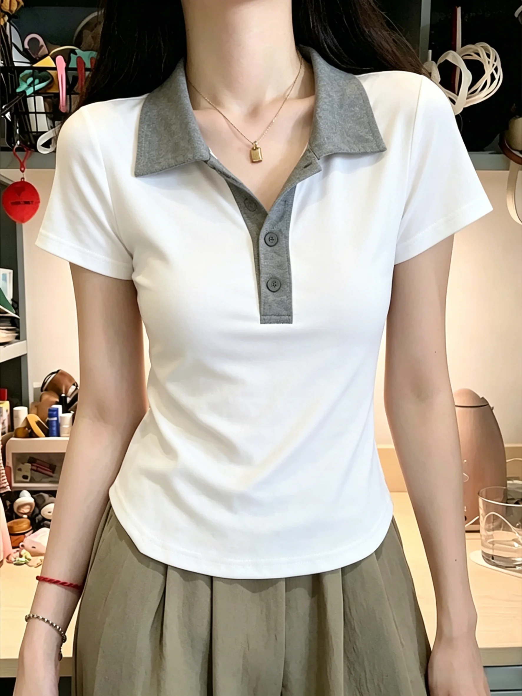 Summer Short Sleeve T-Shirt 95 Cotton Waist Cinched Shoulder  Shirt Flip Collar Slim Fit Women plus Size Comfortable Top