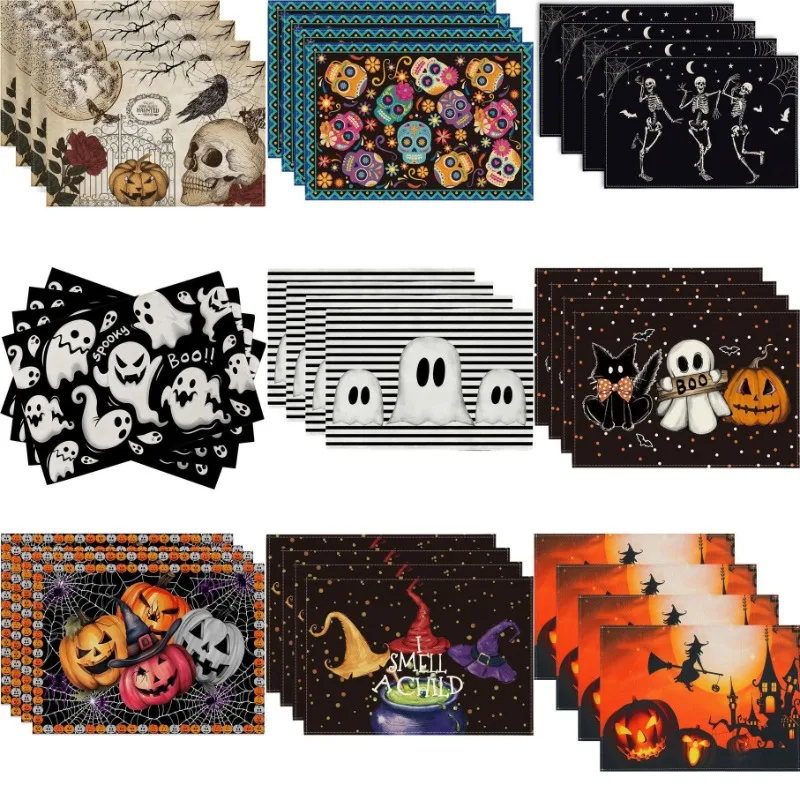 

Happy Halloween Placemats Ghost Skull Pumpkin Holiday Party Kitchen Linen Dinning Table Mats Bowl Coffee Cup Pads Mats Decor