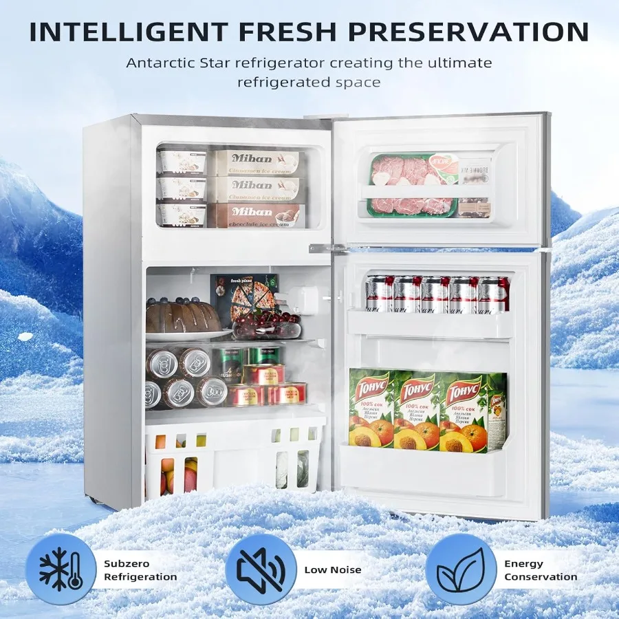 3.2 Cu.Ft Compact Mini Refrigerator with Freezer Double Door Design Adjustable Thermostat Energy-Efficient Cooling for Bedroom