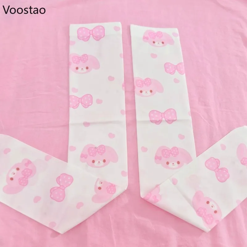 Japanese Pink Cartoon Printing Kawaii Lolita Sock Women Y2k Aesthetic Long Leg Socks Girls Harajuku Grunge Knee Length Stockings