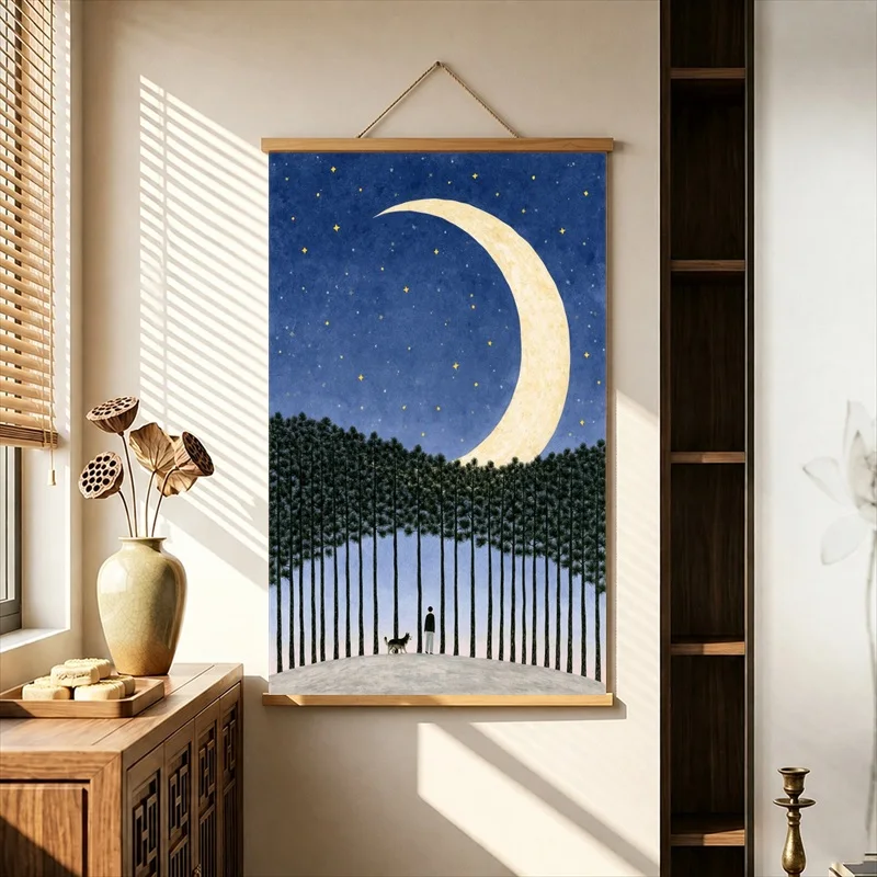 Wall Art Crescent Moon above a Silent Winter Forest, Nordic Minimal Pearlescent Canvas Wall Hanging Scroll for Meditation Nook