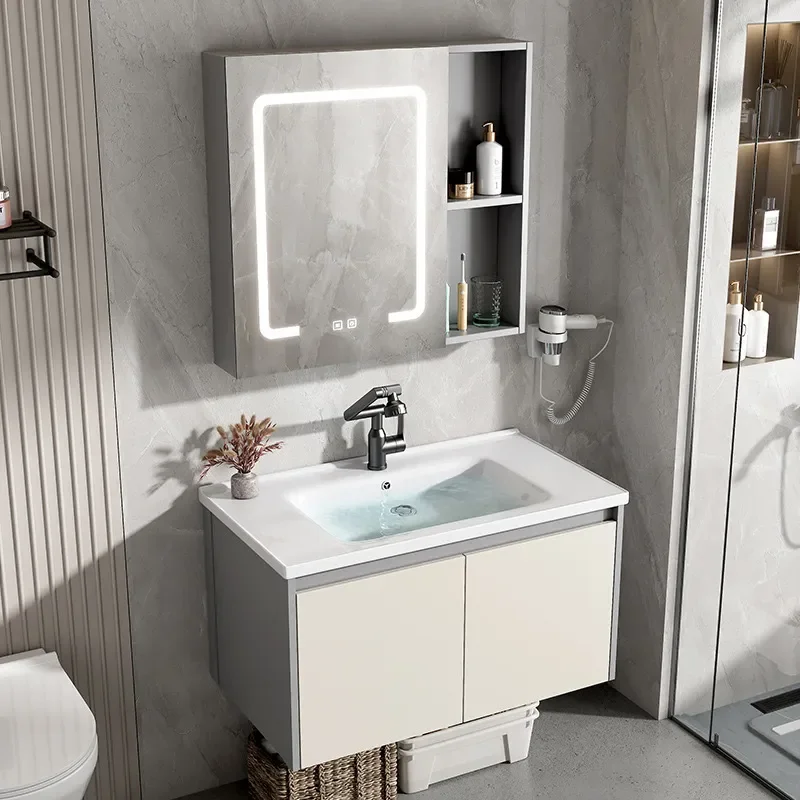 for Cream Wind Bathroom Cabinet Ceramic Integrated Basin Space Aluminum Face Wash Basin Combined Toilet Washstand