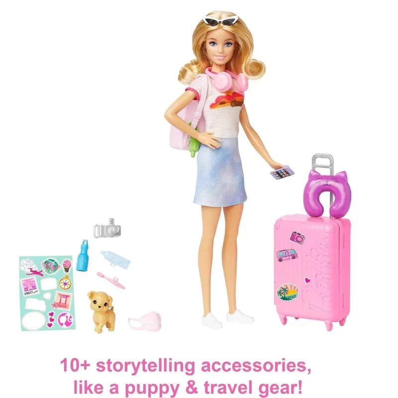 Hot Barbi e Malibu Travel Fashion Doll With Travel Accessories Suitcase Backpack Neck Camera Puppy Pet Vacation Collectible