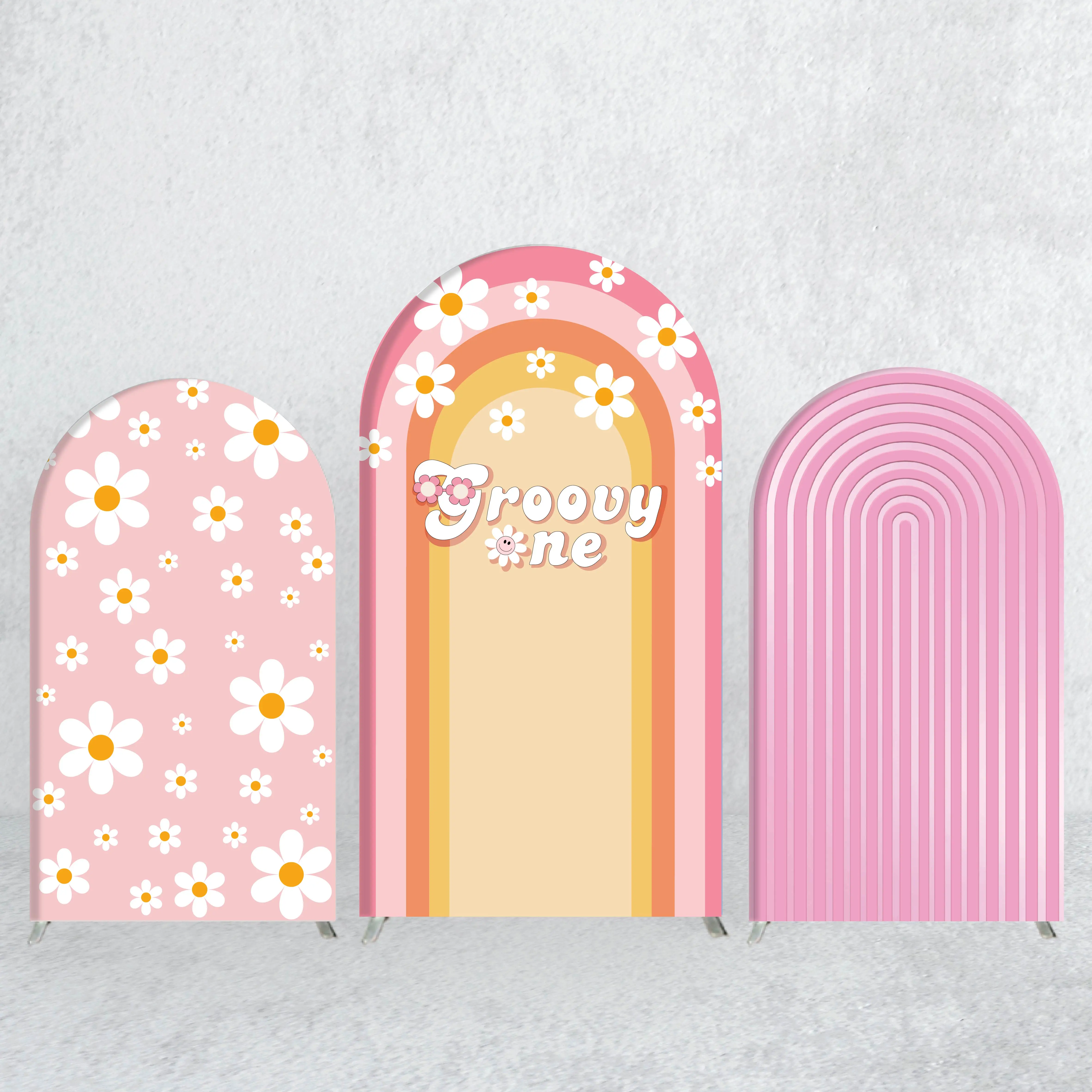 Arch Backdrop Cover Groovy One Daisy Flower Rainbow Girl Birthday Party Photo Background Decoration Custom Elastic Fabric