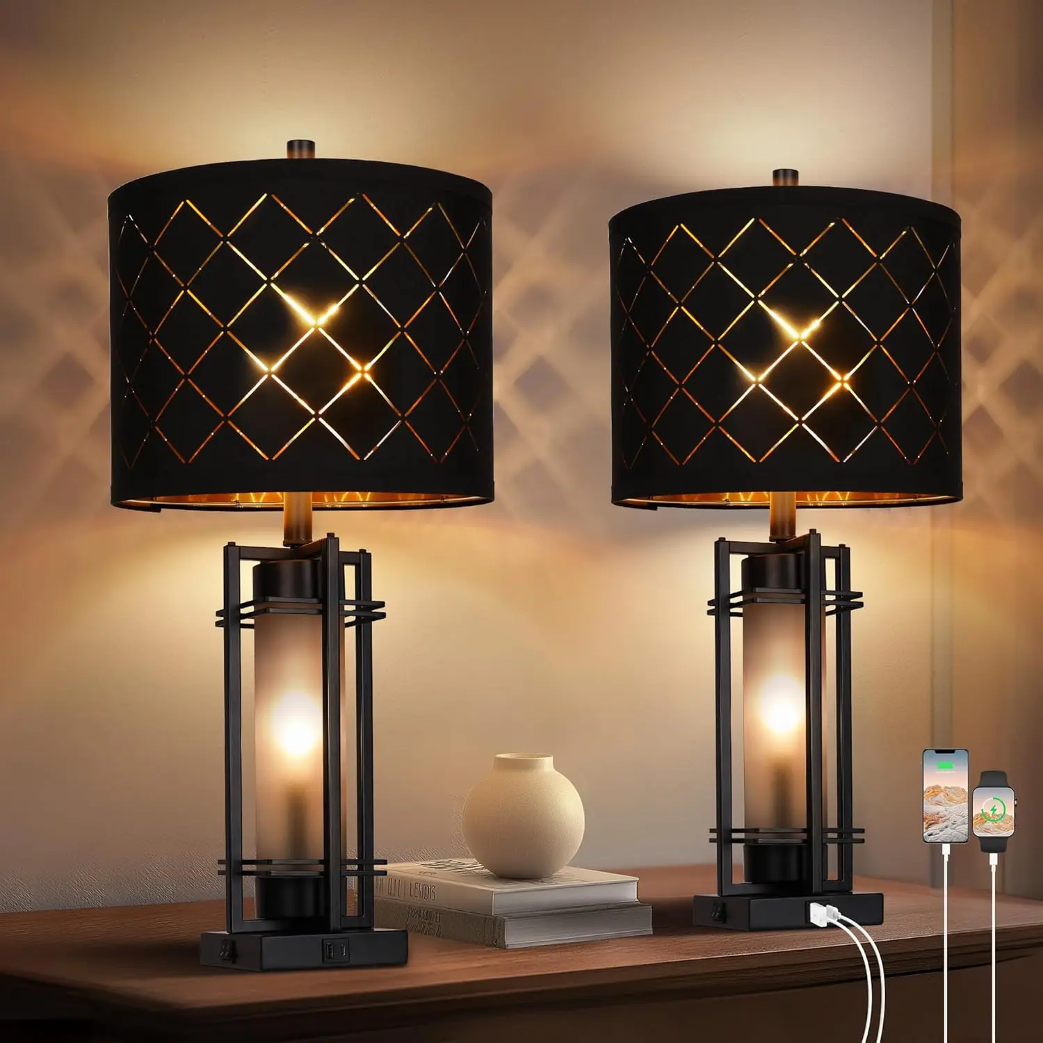 

Set of 2 Modern Table Lamps with Black Grid Shade, USB A+C Charging Ports, Square Base for Living Room and Bedroom