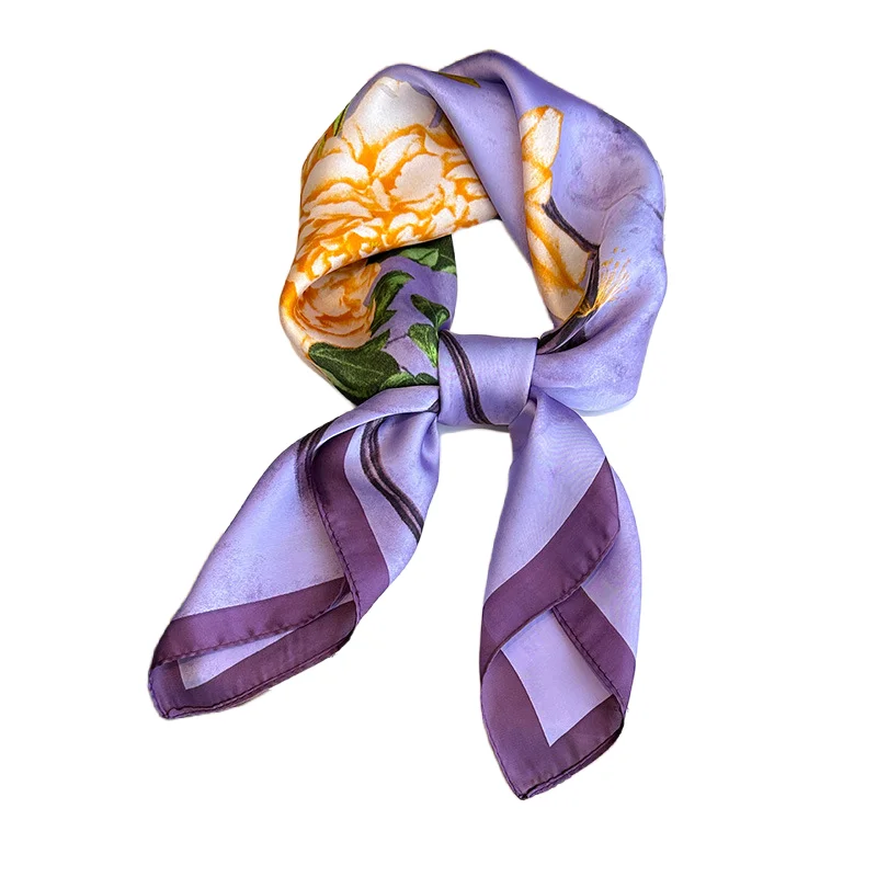 Purple Floral Print Silk Scarfs Women Men 70cm Square Scarves Female Hijab Soft Satin Neckerchief Casual Decorate Lady Neck Ties