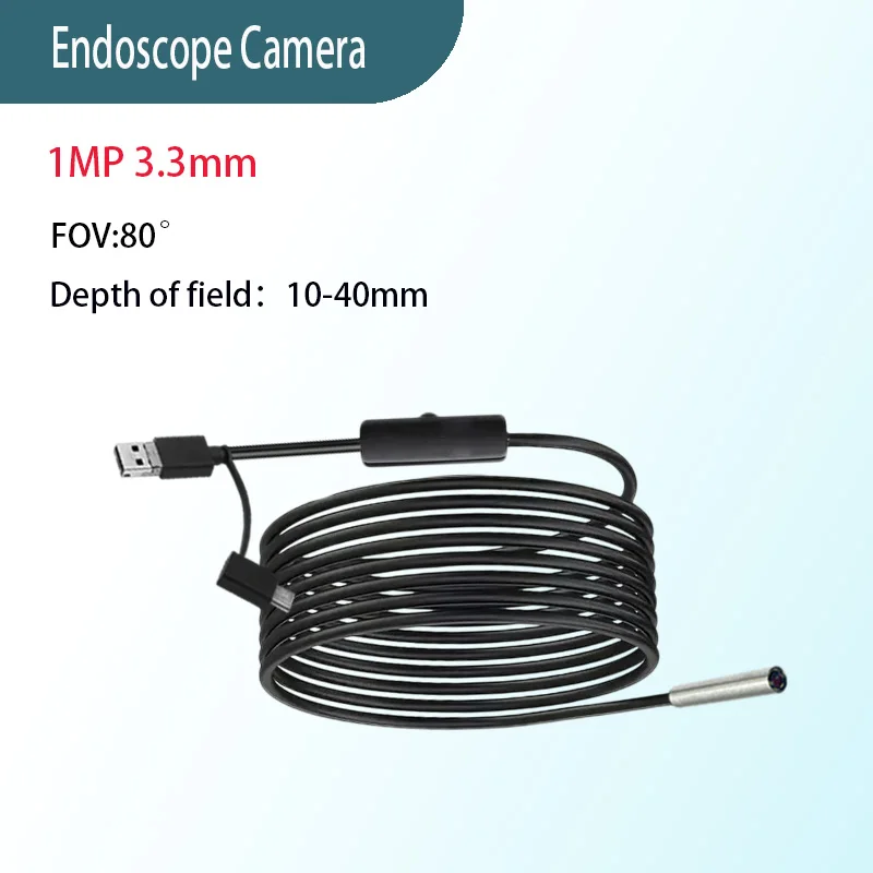 

1 МП 3,3 мм 80 ° Ультратонкая промышленная эндоскопическая камера для проверки трубопровода, 3 м, USB Type-C, эндоскопическая камера 3-в-1 с мягким кабелем