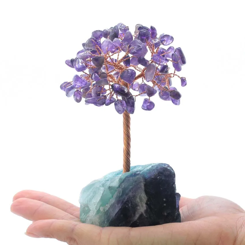 KFT Natural Healing Crystal Stone Tree Wire Wrapped on Fluorite Mineral Base Home Office Desk Living Room Decor Decoration