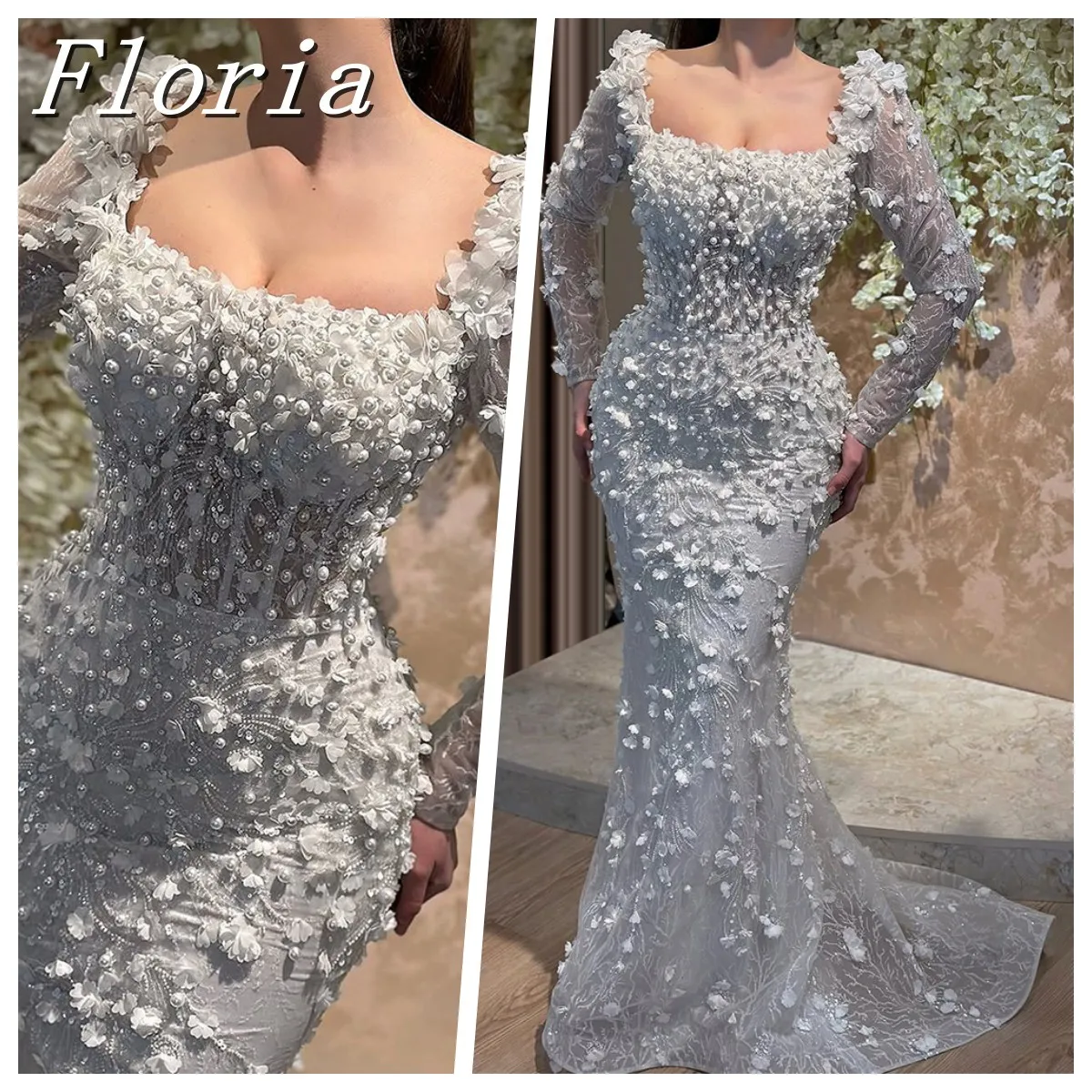 

White 3D Flower Embroidery Evening Dress Square Neck Mermaid Prom Dress Plus Size Formal Gown فساتين للمناسبات الخاصة Customized
