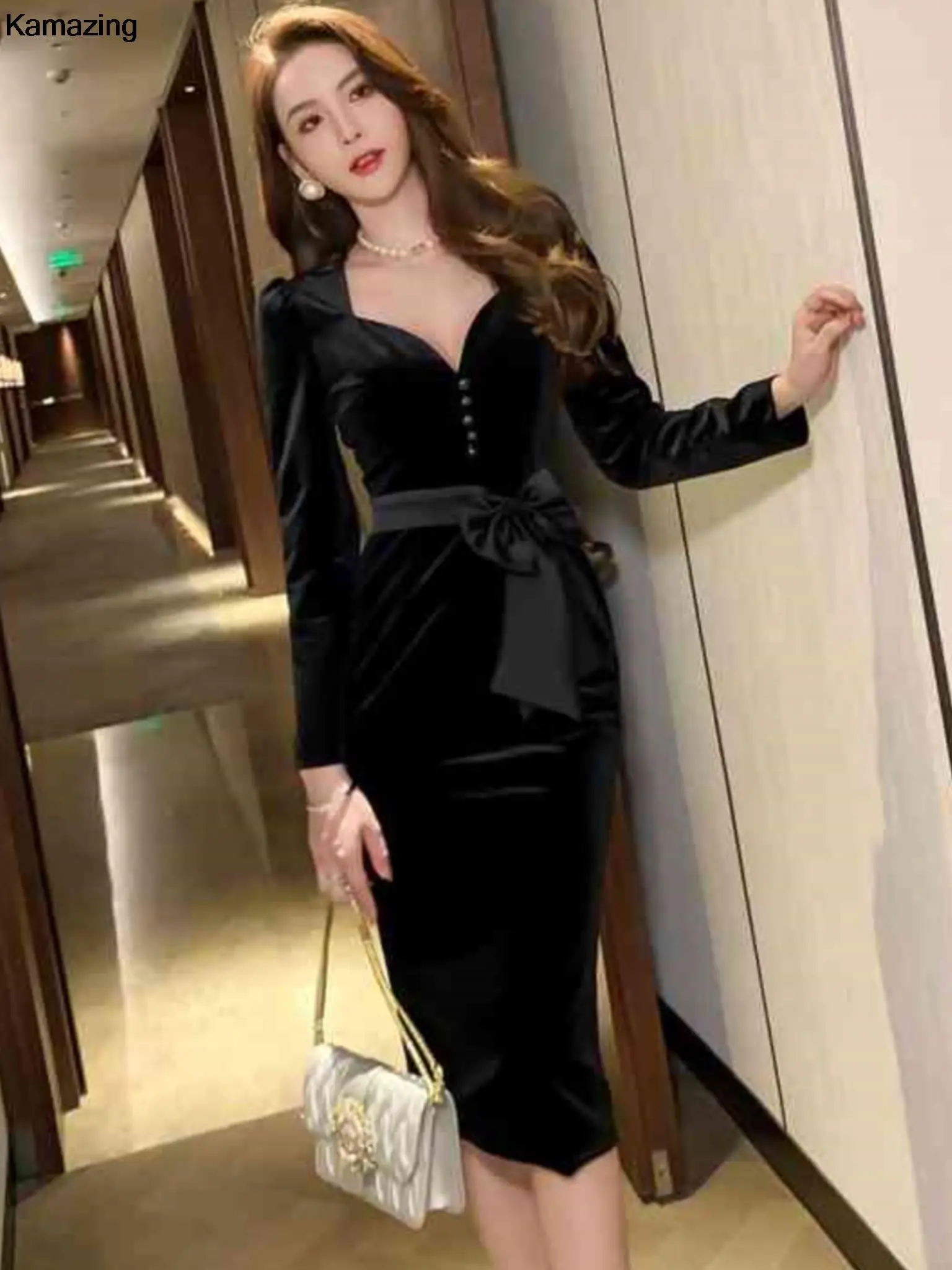 Sexy elegante vita sottile Midi Derss donna Vintage velluto con scollo a v abiti Office Lady Package Hip Pencil Dersses vestiti autunnali