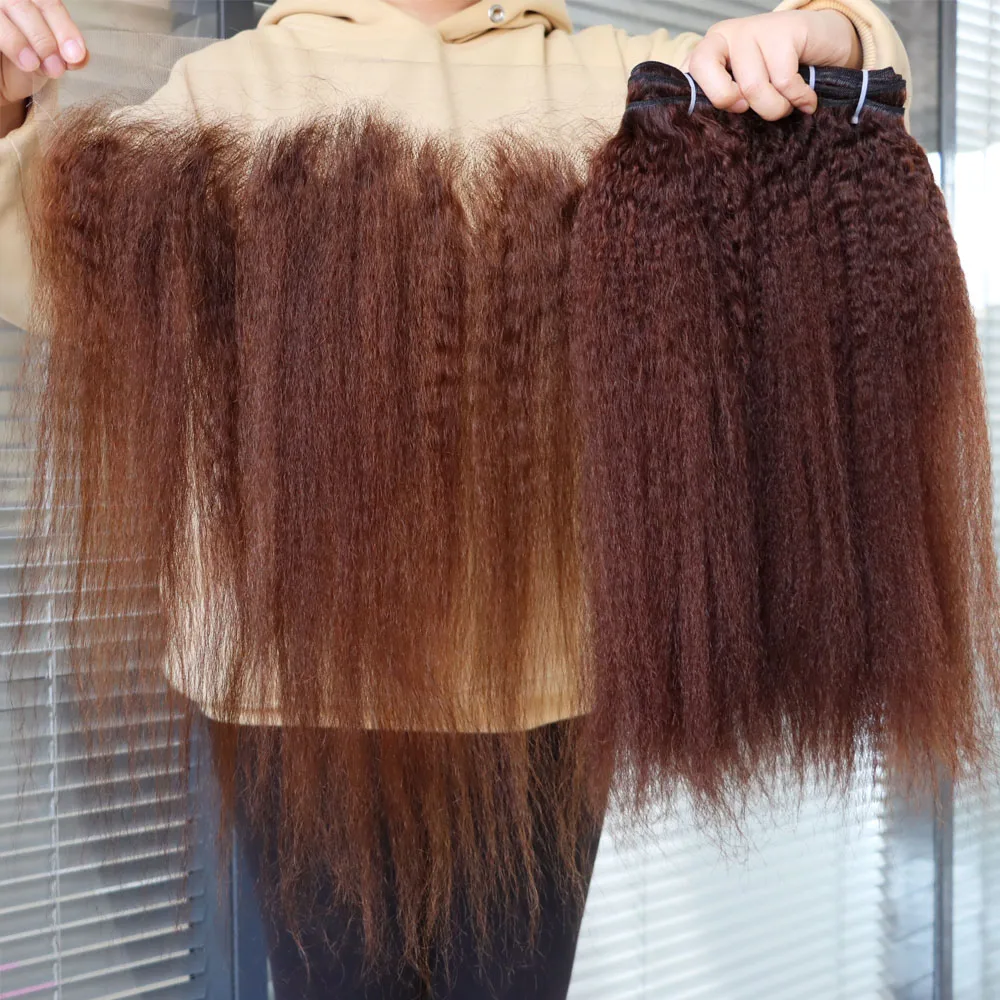 Marrón claro # Extensiones de cabello humano Remy virgen de 4 colores, trama y cierre Frontal de malla, encaje transparente Yaki grueso liso y rizado