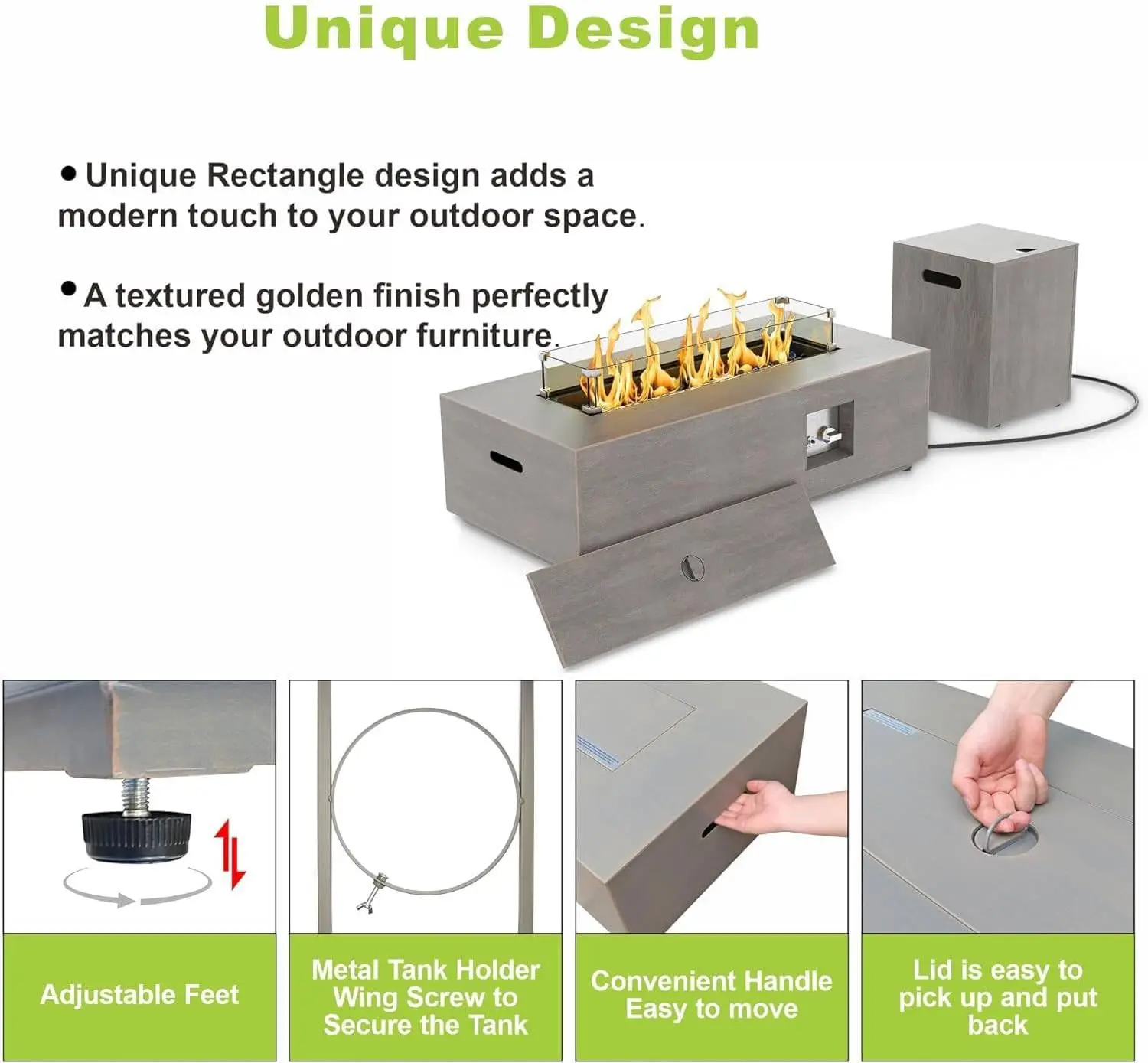 Outdoor Backyard or Patio Fire Pit, Rectangular Shape, Grey Color, 50,000 BTU with Wind Guard and Cover view 4