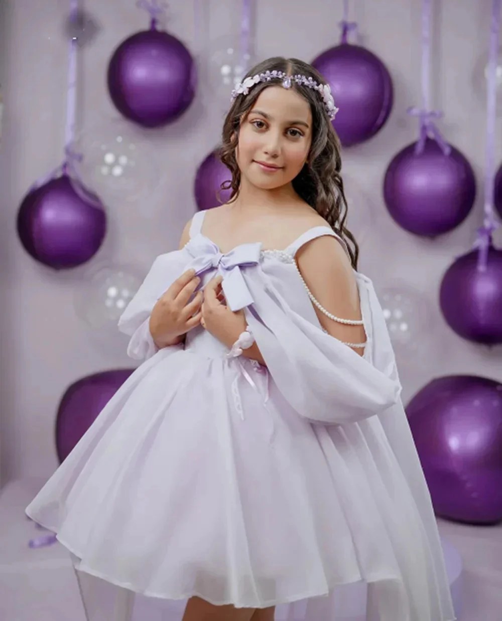 Elegant Customized Lavender Flower Girl Dress for Wedding with Pearls Bow Puffy Skirt Kids First Communion Birthday Party Gown