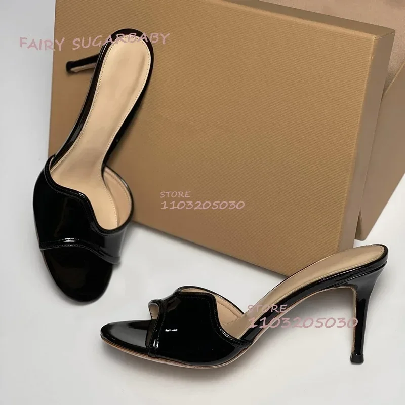 Wavy Patent Leather Black Low Heel Sandals Women Brown Leopard Print Slippers Open Light Casual Fashion Office Lady Concise Shoe