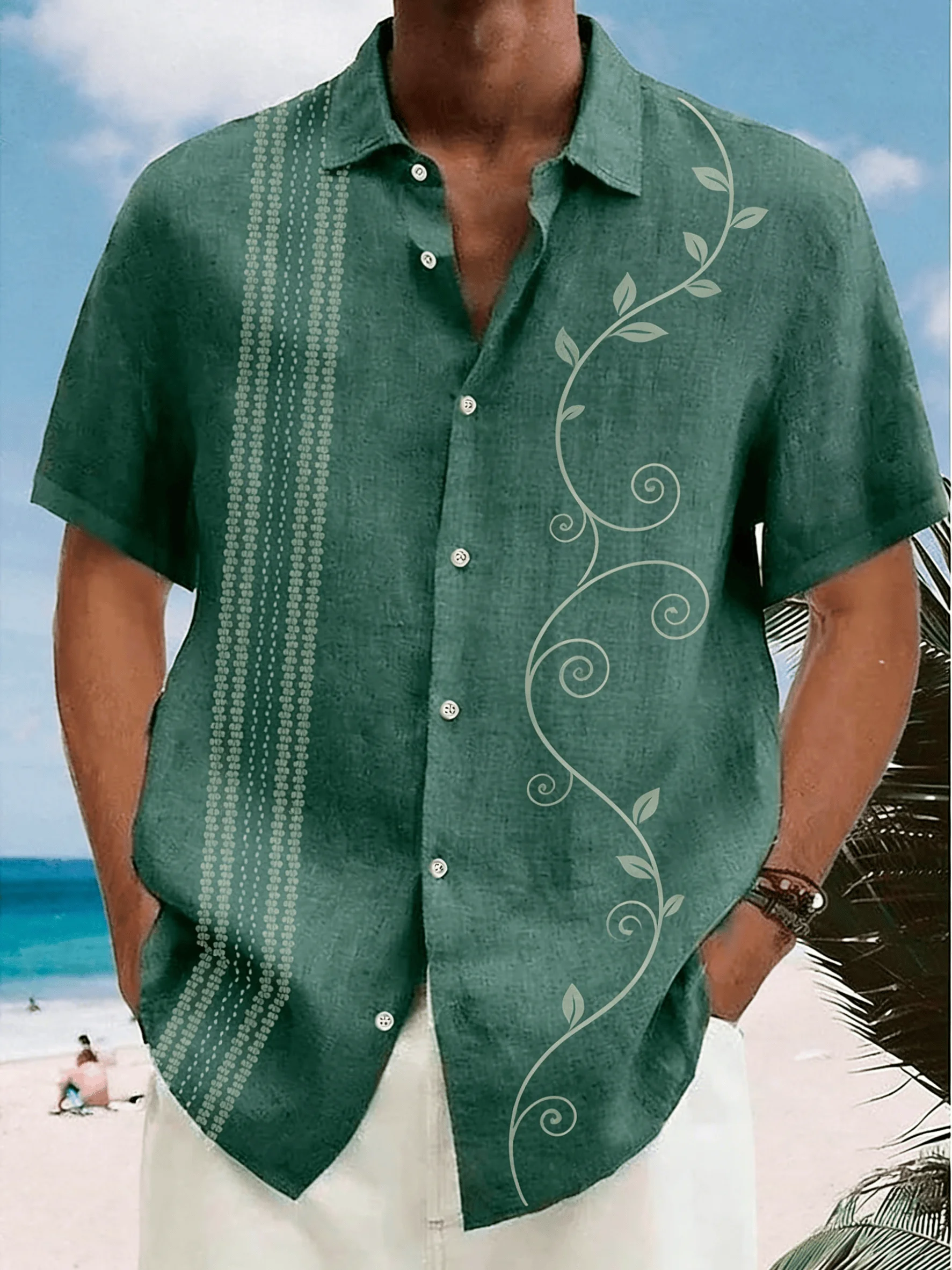 

Men's Dark Green Vine Line Print Short Sleeve Shirt, Spring Summer Forest Fresh Casual Top, Pocket Lapel Style
