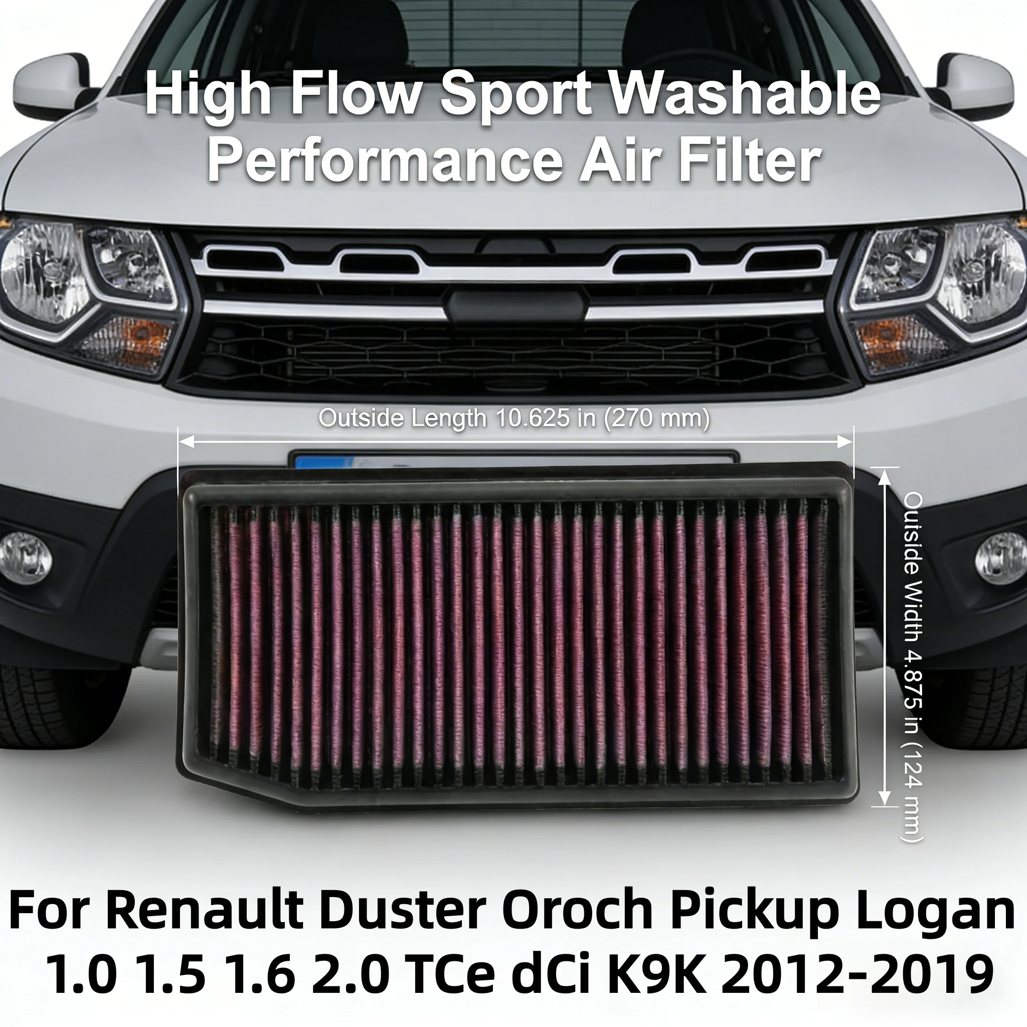 

For Renault Duster Oroch Pickup Logan 1.0 1.5 1.6 2.0 TCe dCi K9K 2012-2019 High Flow Sport Washable Performance Air Filter