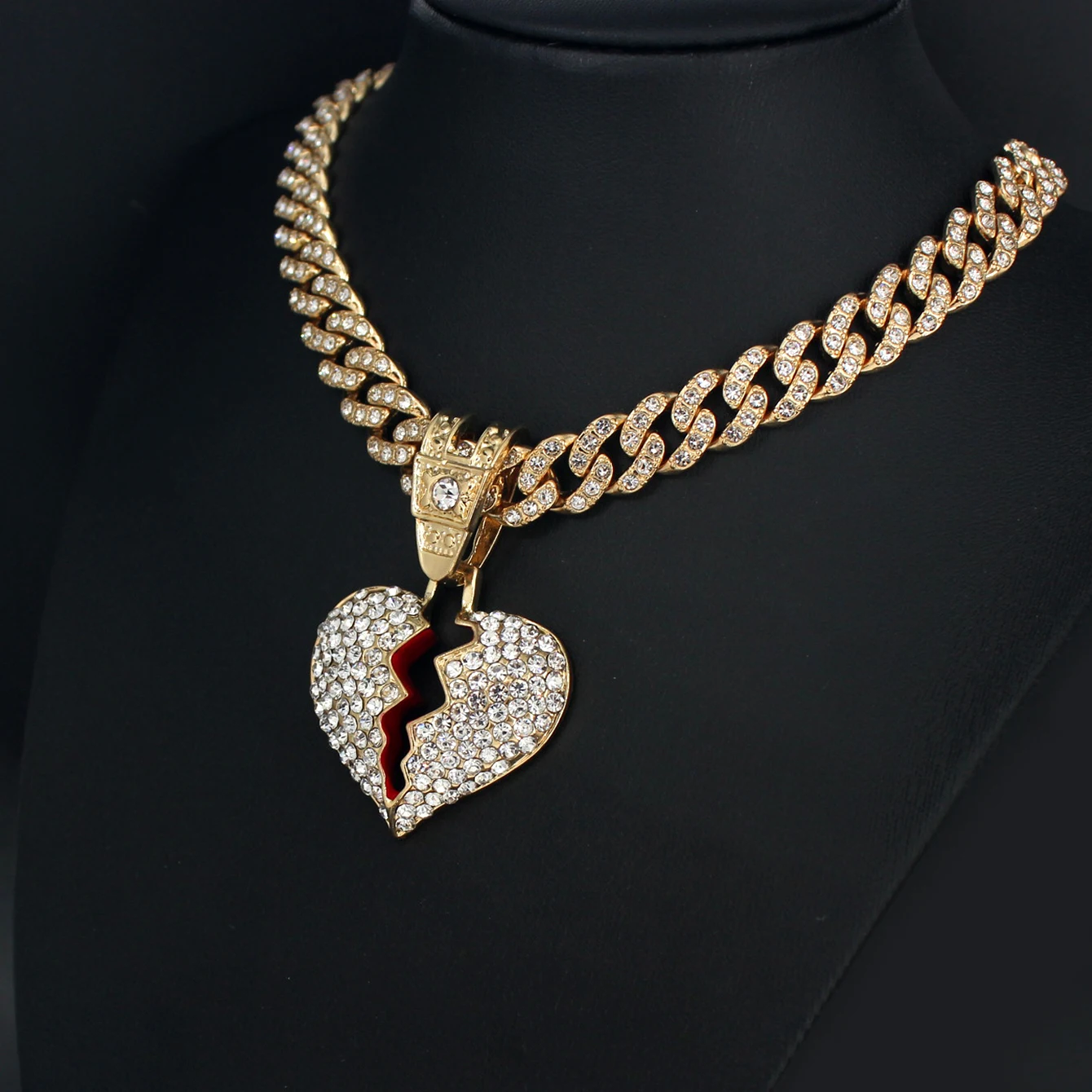 Iced Out Broken Heart Necklace For Men Women Heart Pendant Necklaces 11mm Width Cuban Chain Hip Hop Rapper Jewelry