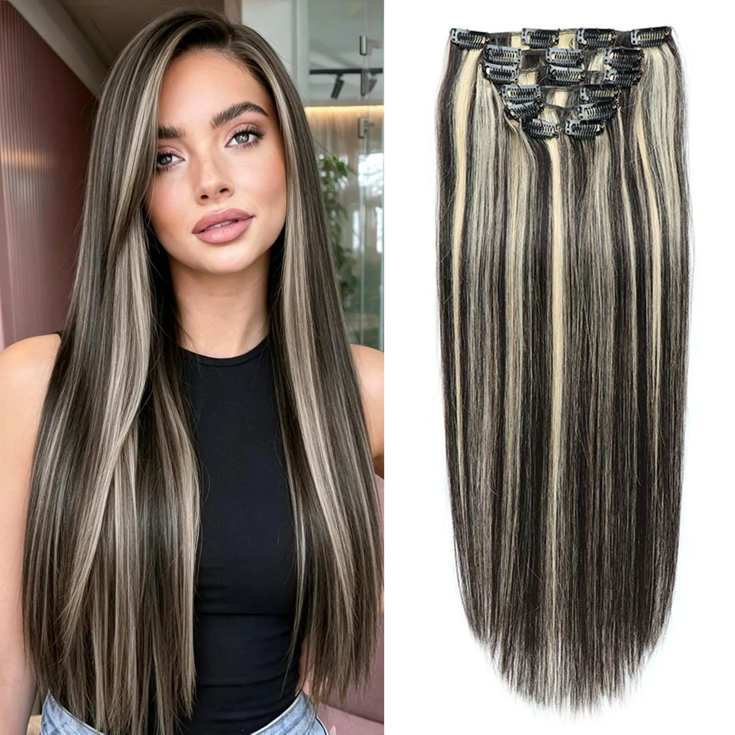 Seamless Clip In Hair Extensions Human Hair - 7피스 스트레이트 레미 인모 더블 웨프트