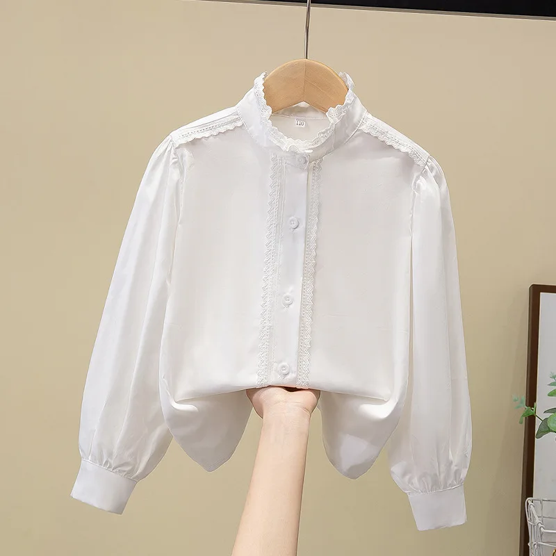 

New Lace Blouse for Girls in Spring 2025, Long Sleeved Stand Up Collar Shirt, Children's White Shirt, Stylish Top