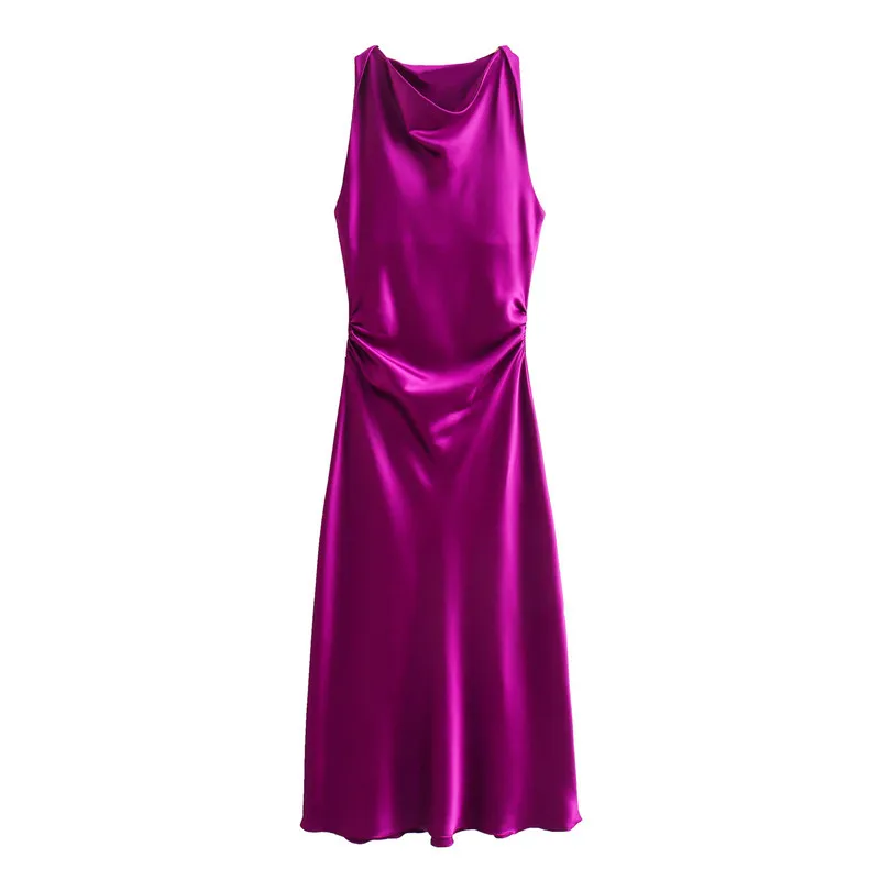 

Fashion Satin Summer Dress for Women Purple Elegant Luxury Sleeveless Vintage One Piece Dresses Women Pleated Clothing Vestidos