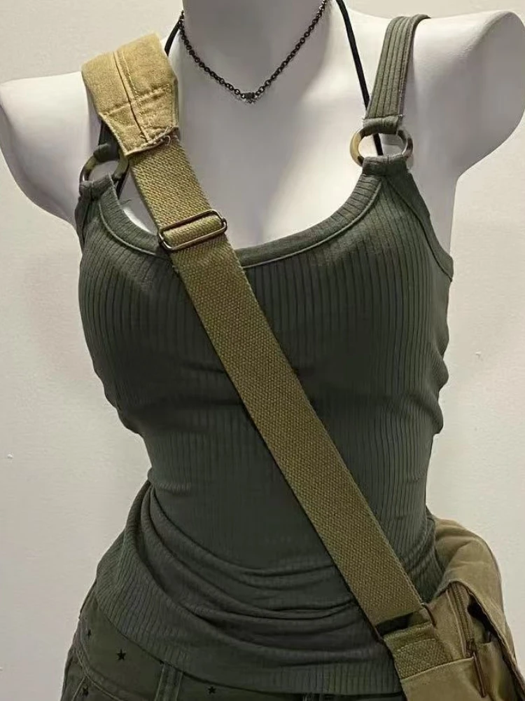 

Streetwear Green Women Backless Camisole Vintage Hollow Out Tank Top 2025 Summer Grunge Sexy Y2k Aesthetic Cropped Bodycon Vest