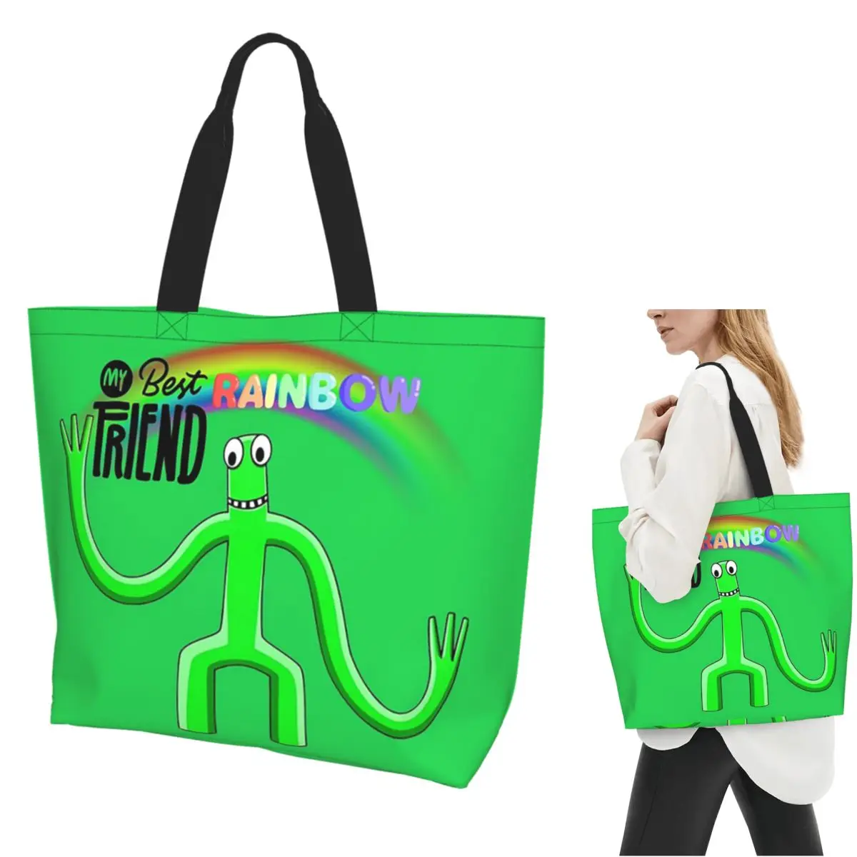 

Сумка-тоут с персонажами радужных друзей, холщовая сумка на плечо большой вместимости, продуктовая сумка для покупок для женщин
