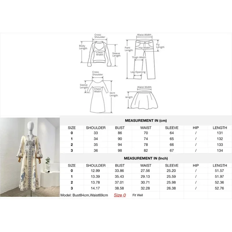 เดรสยาวปานกลางผ้าลินินแท้คุณภาพสูงลายดอกไม้สีขาวน้ำเงินพิมพ์ลายนก คอวี แขนยาว สำหรับผู้หญิง ปี 2025