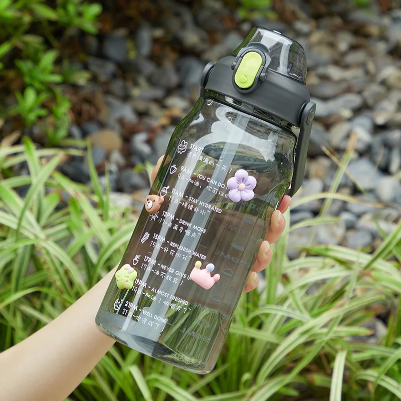 2L Large Capacity Water Bottle Straw Cup High Temperature Plastic Water Cup Time Scale Outdoor Sports Student Couple Cup