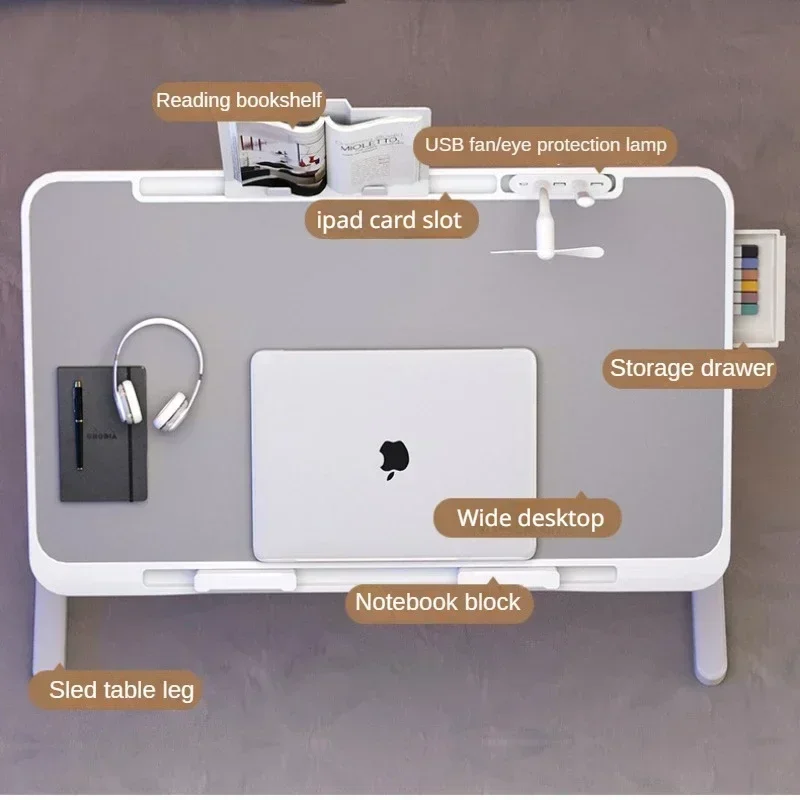 Foldable Lift Laptop Desk for Bed with Radiator, Adjustable Stand, Lap Table, Breakfast Tray, Drawer for Working Gaming