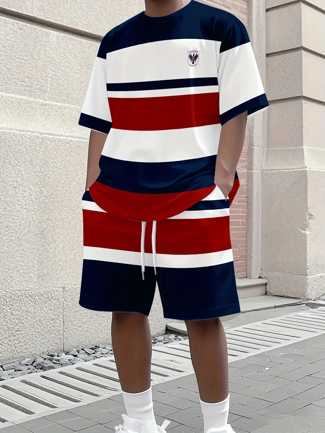 

The 2025 summer new men's suit features 3D printed striped patterns for outdoor casual wear