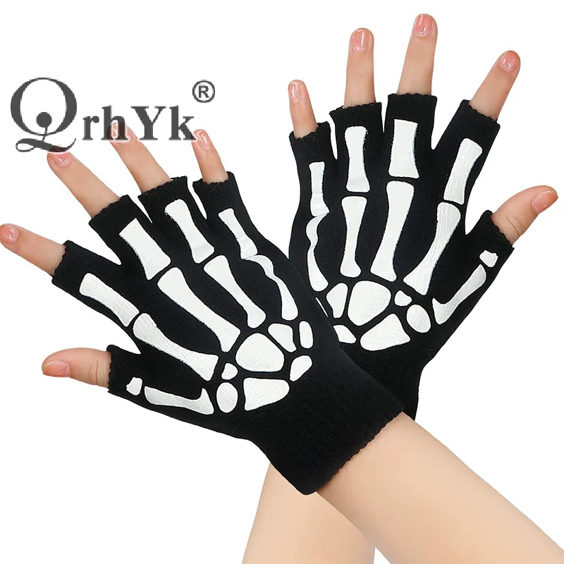 Fashion Halloween Style Gloves Luminous Horror Skull Bone Skeleton Half Gloves Novelty Unisex Mittens Winter Warmer Gloves