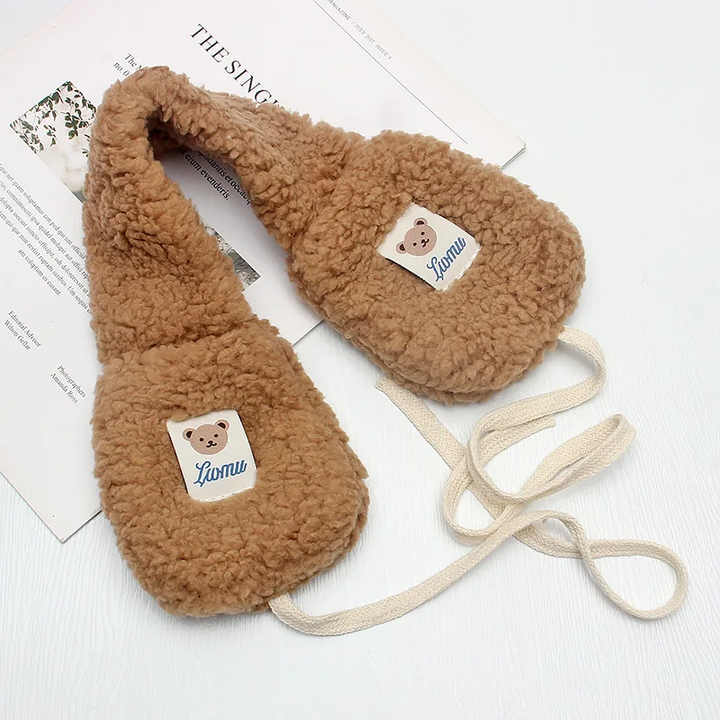 Cute Bear Plush Earmuff Korean Fashion Lace UP Ear Cover Winter Warm Ear Warmer Adults Kids Adjustable Plush Earmuffs Ear Bag