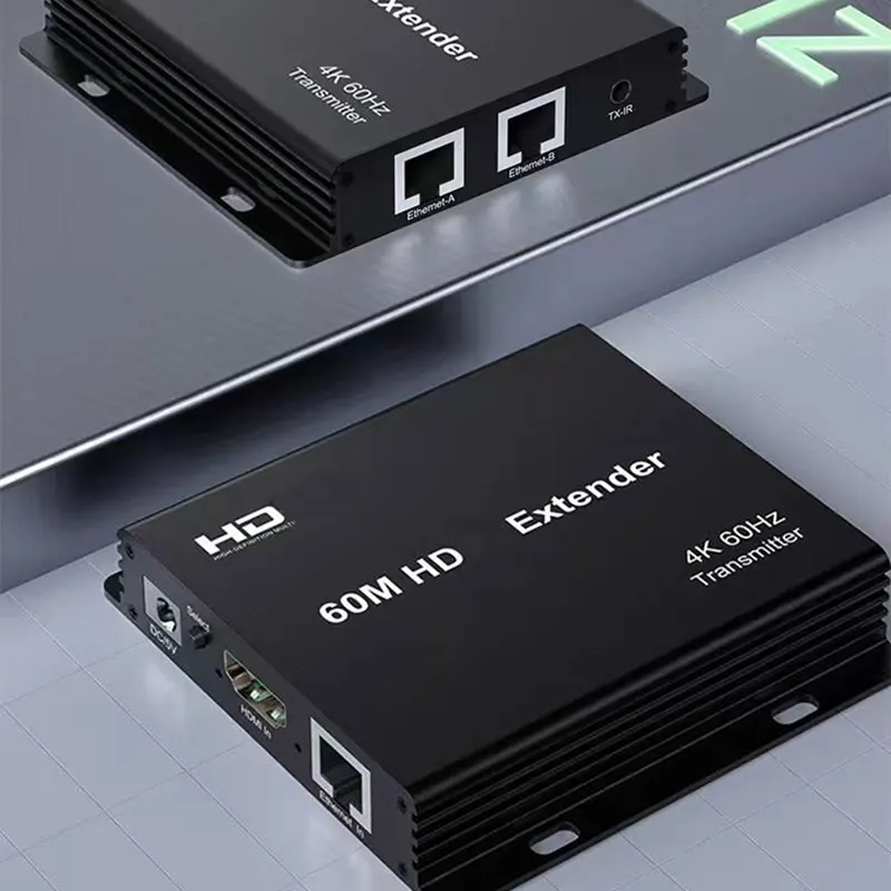 4K 60hz 60M محول منفذ إيثرنت مزدوج عبر كابل Rj45 Cat6 1 إلى 2 HDMI متوافق مع جهاز ريسيفر استقبال وإرسال الفيديو اتصال متتالي