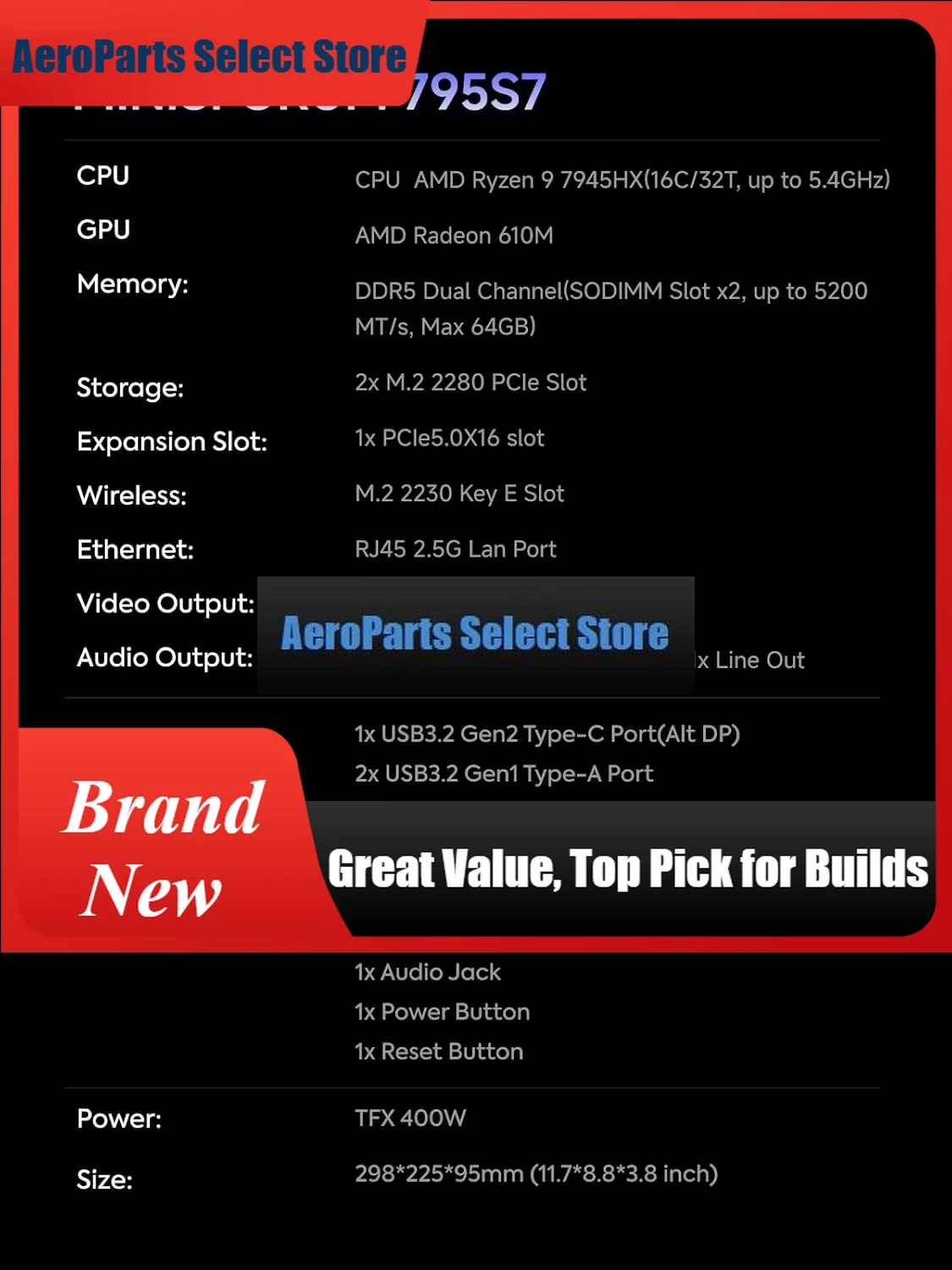 AeroPartsMinisforum 795S7 Mini Tower: AMD Ryzen 9 7945HX, Dual DDR5/PCIe 4.0, Triple Display