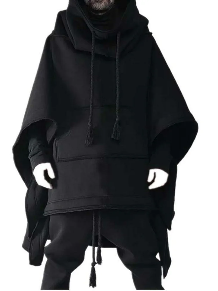 New Men's Long Batwing Coat Autumn Winter Fleece Lined Loose Fit Windbreaker Cool Style Hooded Jacket Casual Outerwear