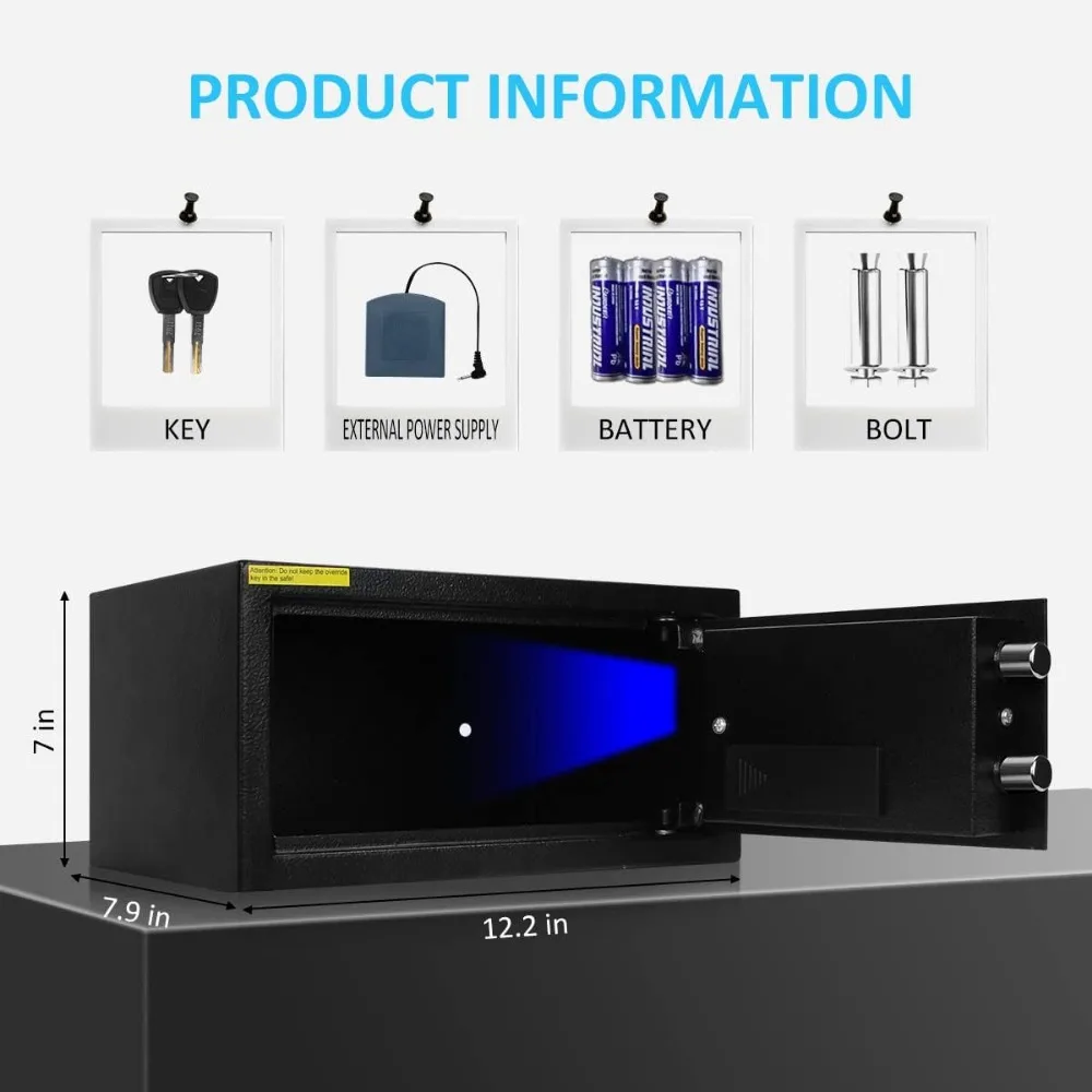 Safe Box with Sensor Light, with Key & Digital Lock for Home and Company.Wall or Cabinet Fixed Design, 0.4 Cubic Feet