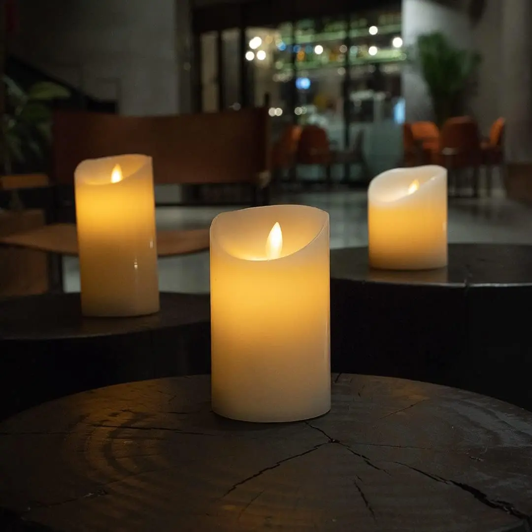 Flameless Wax Pillar Candles White LED Dancing Flame Programmable Battery Set For Weddings Parties Remote Separate