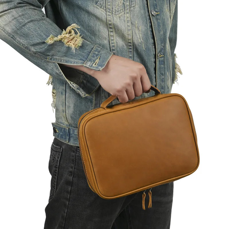 New Crazy Horse Leather Storage Bag, Handheld Zipper Simple Men's Fashion Retro Cowhide Bag, Unisex Cosmetic Pouch with Compartm
