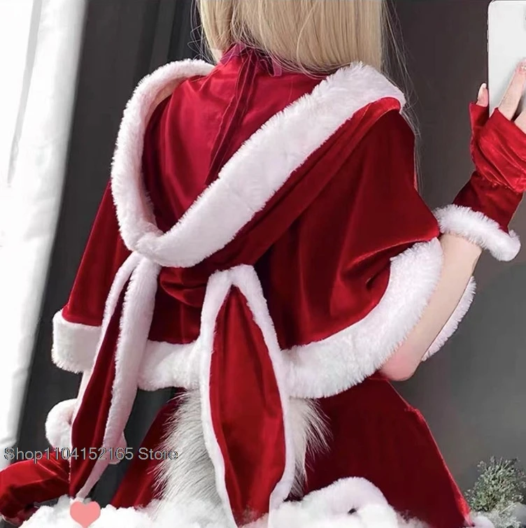 Women Christmas cosplay costume Xmas Lady Santa Claus Cosplay Costume Winter Bunny Girl Cape Cloak Outfits