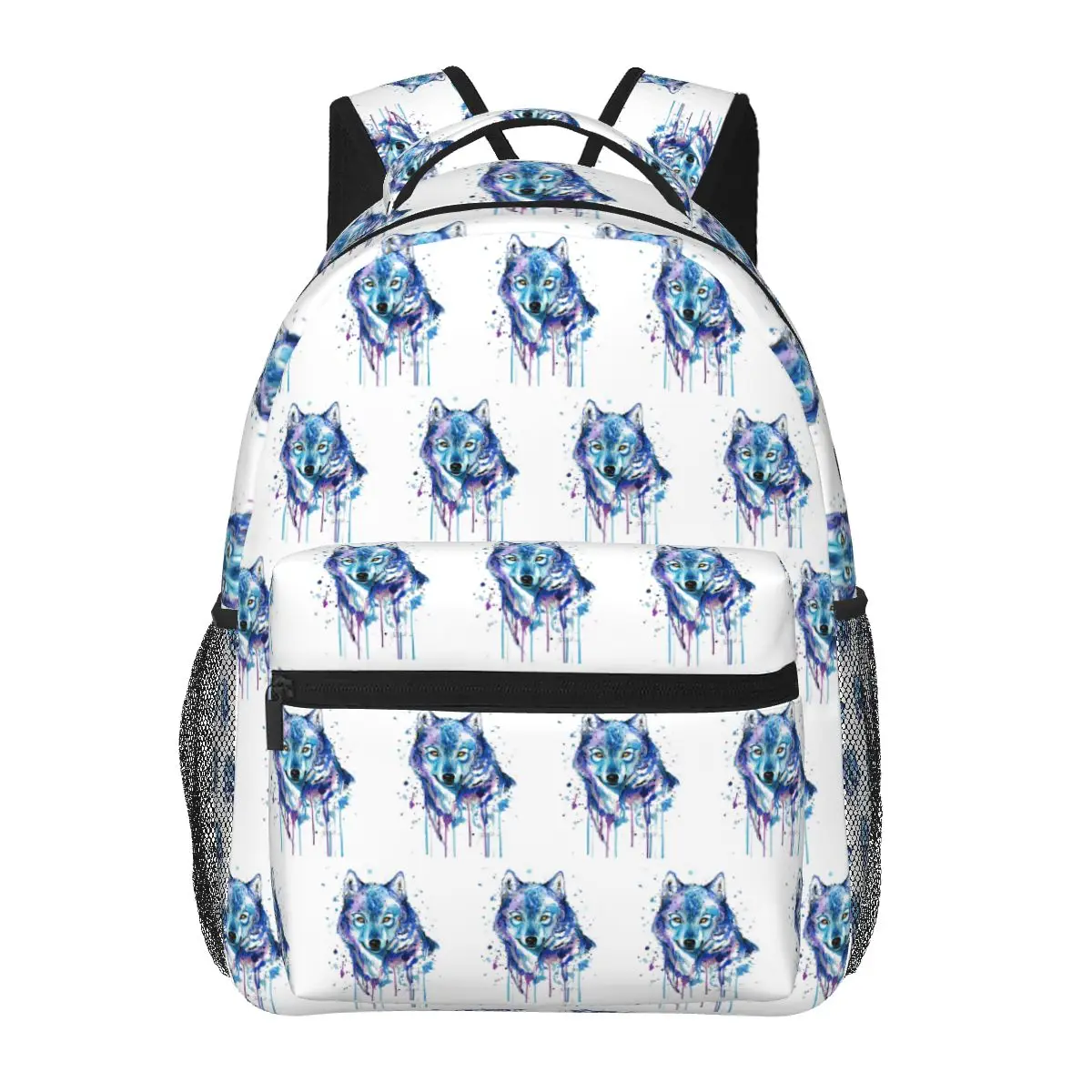 Mochila con patrón de acuarela de lobo para niños y niñas, mochila escolar de dibujos animados, bolso de hombro de gran capacidad