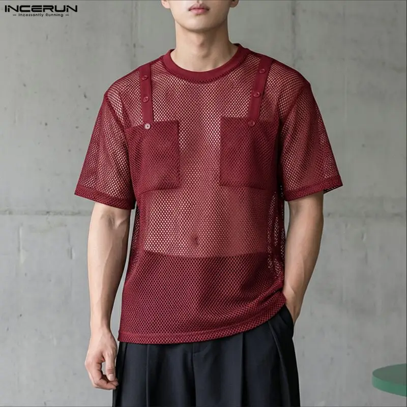 INCERUN Men T Shirt Mesh See Through Solid Tee Tops For Man O-neck Short Sleeve Streetwear Sexy Pockets 2026 Fashion Men Clothes